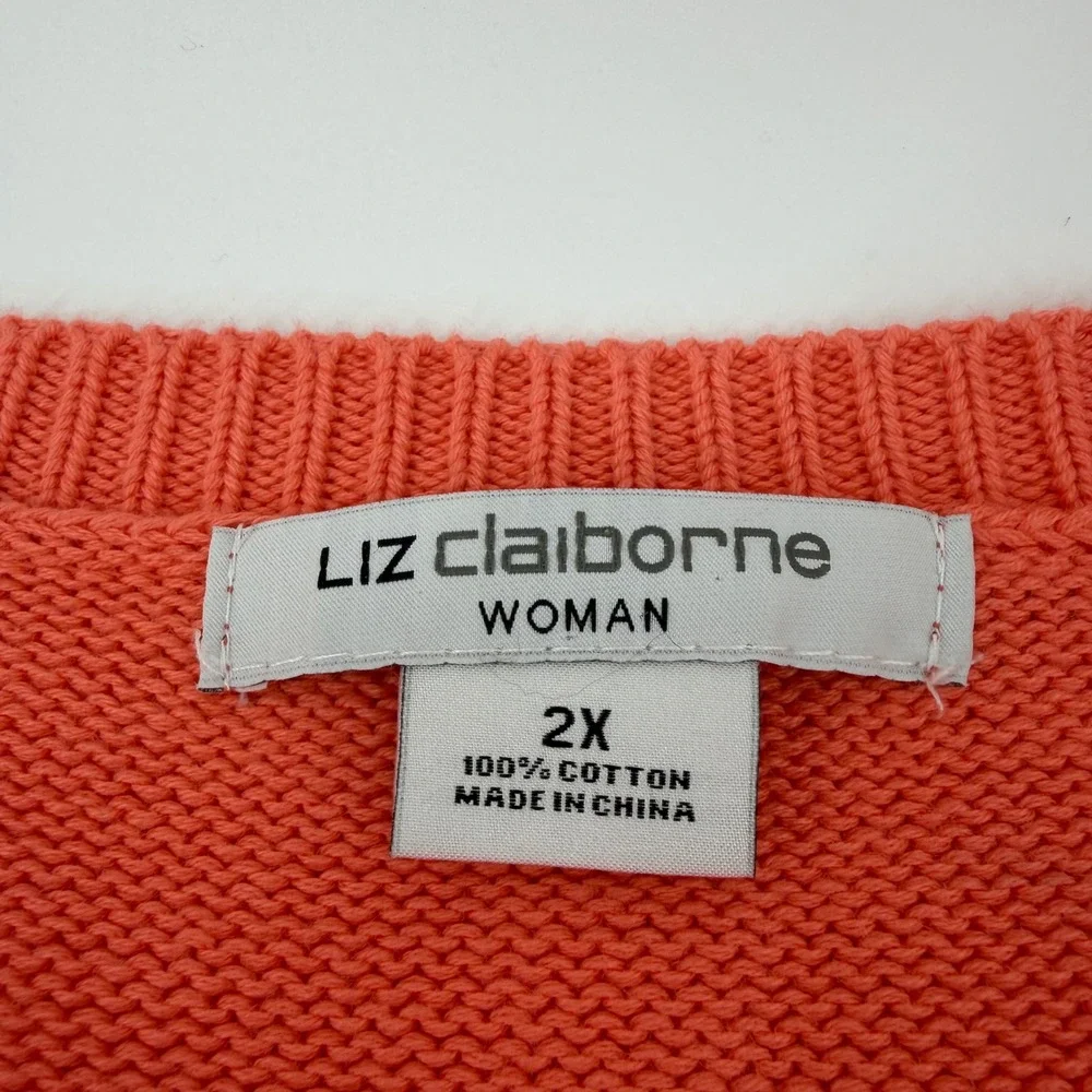 Liz Claiborne Sweater‎ 2X Multicolor Striped V-Neck 100% Cotton Knit Pullover